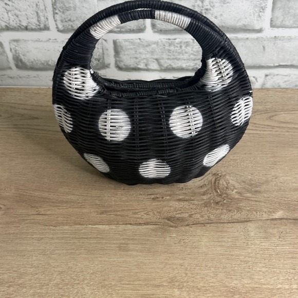 Kate Spade New York Polka Dot Woven Basket Purse Black White Handle Bag - Picture 3 of 7
